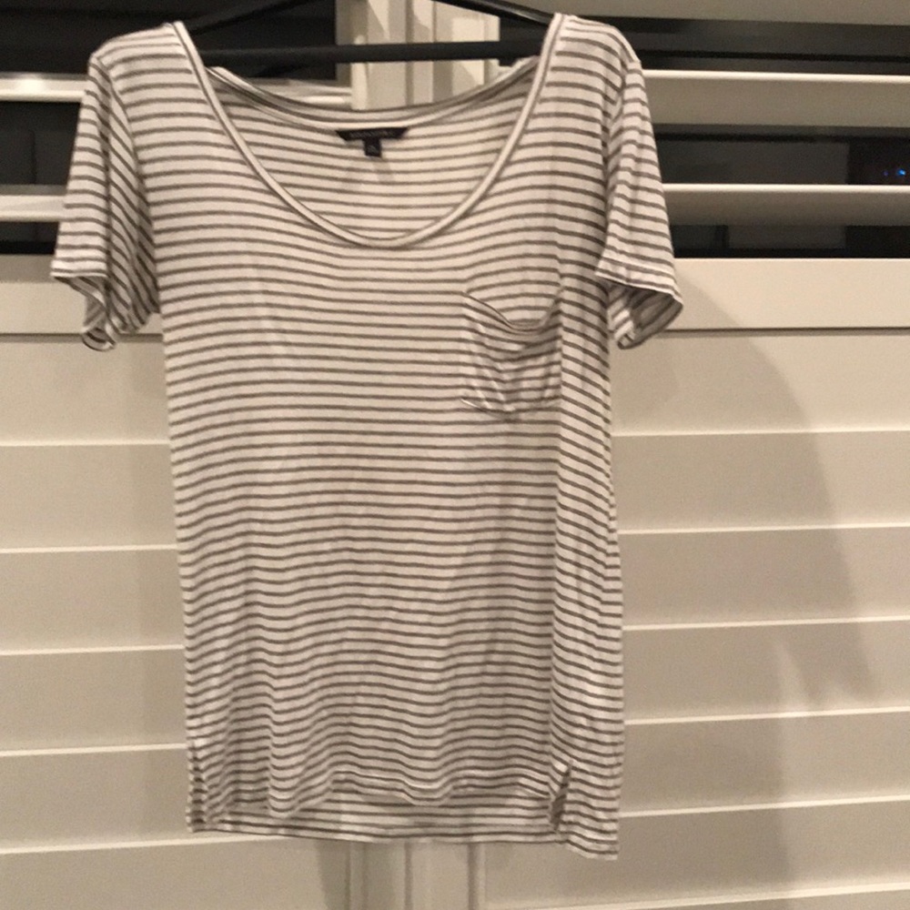 Grey and white striped top.